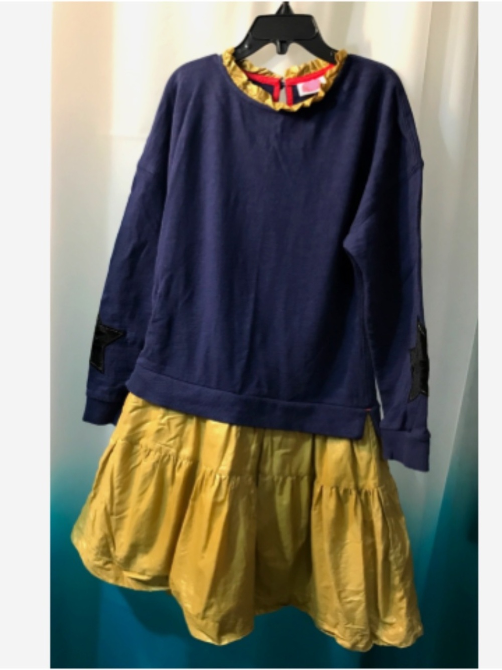 Mini Boden Girl's Navy Pullover Dress w/Gold Tiered Skirt & Stars on Elbows